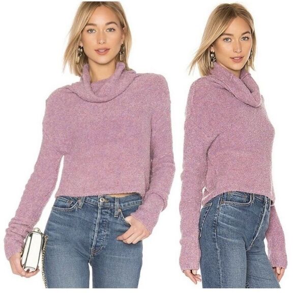 Free People Stormy Pullover Sweater Pink Purple S Cowl Neck Boucle Teddy Crop - Picture 1 of 16